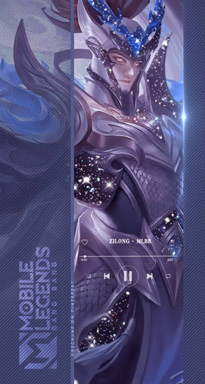 來自《Mobile Legends》的動漫角色Zilong，身穿星形盔甲，帶有音樂播放器界面。 — 紫色 壁紙