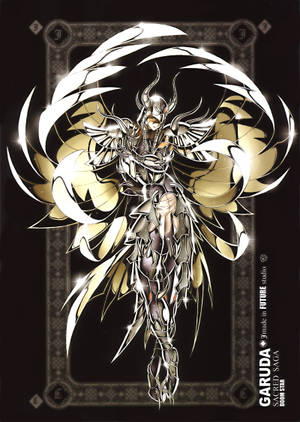 動漫角色 Garuda 身穿銀色和金色盔甲，在黑暗華麗的背景中展開發光的翅膀。 — 迦樓羅 壁紙