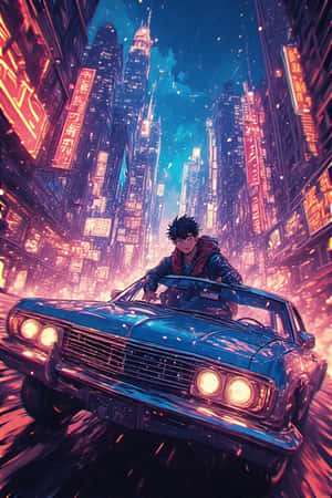 一個人在夜晚駕駛復古汽車穿過發光的未來城市。 — iPhone 4 壁紙
