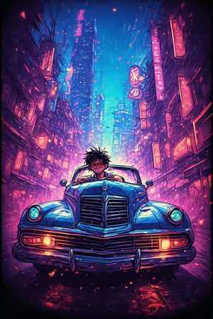 一個人在夜晚駕駛經典藍色汽車穿過充滿活力的霓虹燈城市小巷。 — 動漫汽車 壁紙