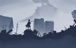 吉他手站在廢墟城市景觀中的瓦礫上的剪影。 — FLCL 壁紙