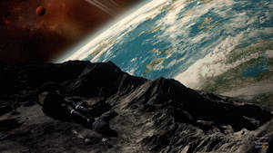太空人躺在月球表面看著地球和紅色行星 — 高畫質月亮 壁紙