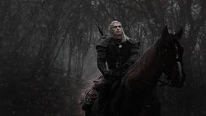 一位戰士騎馬穿過冬天的雪林。 — 高解析度馬匹 壁紙