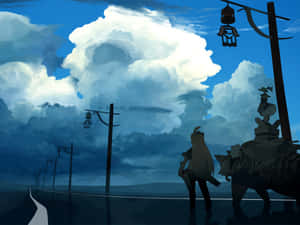 一位旅人和狼在戲劇性的多雲天空下沿著道路行走。 — 美麗的動畫 壁紙