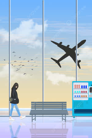 一個人穿過機場航廈，有長椅和自動販賣機，一架飛機飛過頭頂。 — Huawei MatePad 11.5 (2026) 壁紙