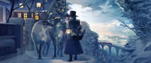 一位旅行者與馴鹿在黃昏時分提著燈籠走過白雪覆蓋的村莊。 — 冬季 壁紙