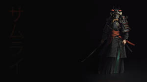 武士戰士穿著精細盔甲，手持劍，在深色背景前，背景上有日文字元。 — 混沌武士 壁紙