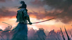 武士戰士在日落時持刀，風吹頭髮 — 神劍闖江湖 壁紙