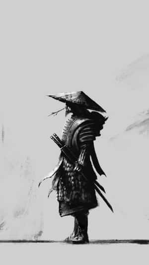 身穿盔甲和帽子的武士戰士在灰階中持劍 — 混沌武士 壁紙