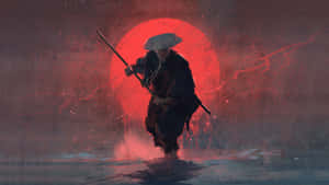 武士在迷霧森林中手持刀，背景是紅色太陽 — 啦啦隊 壁紙
