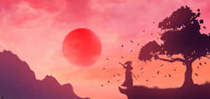 武士站在懸崖上，看著樹葉在火紅的夕陽中飄落。 — 夜空 壁紙