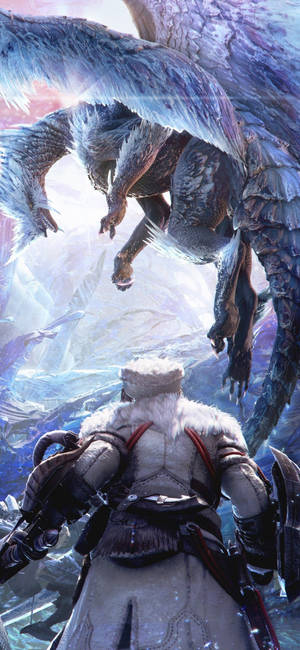冬季裝備的獵人在冰天雪地中對抗巨型有翼龍。 — Pixel 8a 壁紙