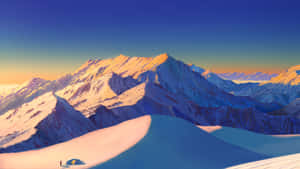 日出時一位孤獨的登山者帶著帳篷在積雪的山脊上。 — Studio Display 壁紙