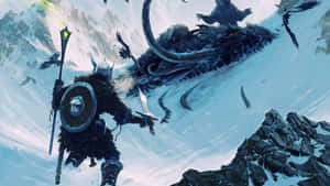 身穿盔甲的戰士在白雪覆蓋的山頂上與巨龍戰鬥。 — 維京人 壁紙