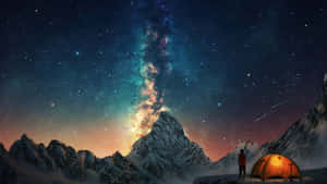 遠足者在星空下從積雪的山間營地凝視銀河。 — 冬季風景 壁紙