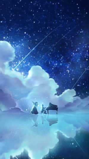 兩位音樂家在海洋雲層中映照的星空下演奏鋼琴和小提琴。