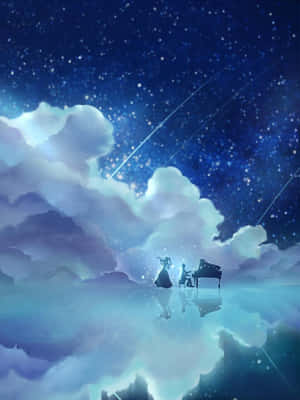 兩位音樂家在星空下浮雲上彈奏鋼琴和小提琴。 — 山坡 壁紙