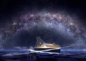 一個人在星空宇宙天空下彈鋼琴，有雨落下。 — 三宅隆 壁紙