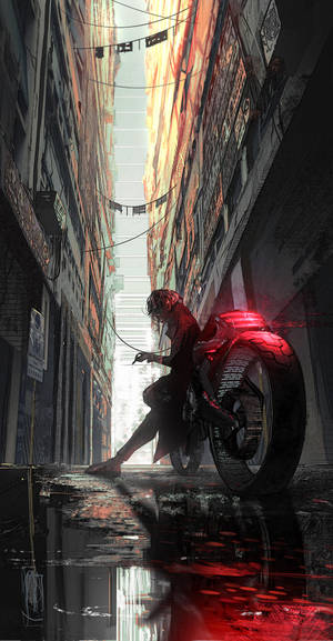 日落時分，雨中的城市小巷裡，一位騎士騎著紅色摩托車，倒影閃爍。 — 深色霓虹 iPhone 壁紙