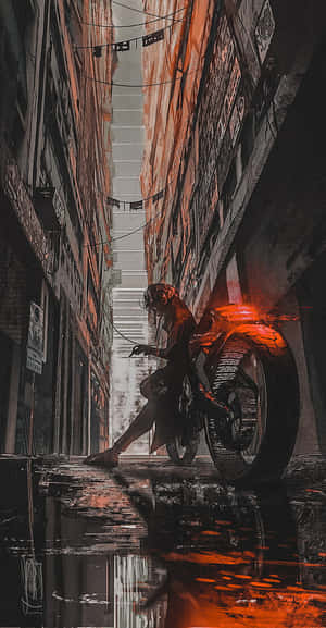 一位騎士在雨夜的城市小巷中騎著發光的摩托車。 — 賽博龐克城市 壁紙