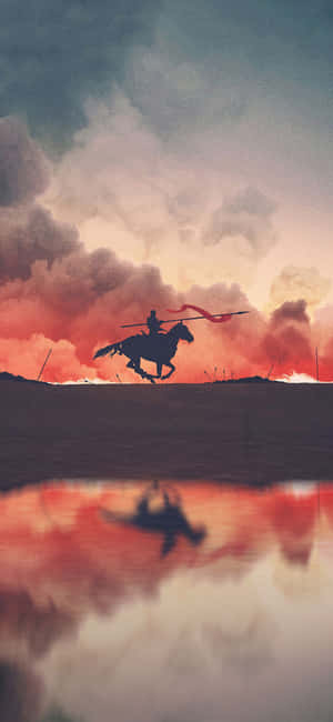 騎馬戰士，紅色旗幟，剪影映襯熾熱夕陽，水面倒映。 — 小米17 Ultra 壁紙