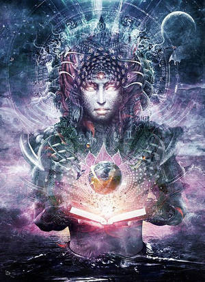 一個神秘的宇宙人物手持一本發光的書，書中有一顆行星，周圍環繞著天體符號和月亮。 — 靈性動圖 壁紙
