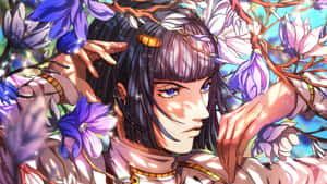 紫色頭髮的動漫女孩在日落時分被盛開的花朵包圍。 — 薩瓦托雷·菲拉格慕 壁紙