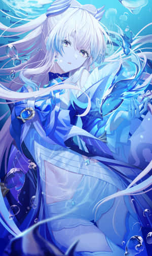 動漫女孩，白髮藍裙，漂浮在水下，伴有氣泡。 — Tecno Megapad 壁紙