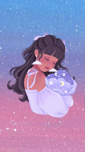動漫女孩漂浮在星空之中，手持發光天體球，帶有月亮和星星。 — 酷 壁紙