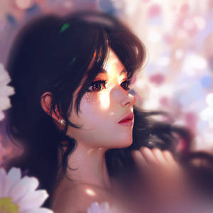 深色頭髮和閃閃發光的眼睛的動漫女孩，被柔和的粉紅色和白色花朵包圍。 — 可愛粉色女孩 壁紙
