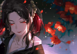 紅眼睛、黑頭髮的動漫女孩，在星光燦爛的夜空下，在發光的紅花中微笑。 — 鬼滅之刃 壁紙