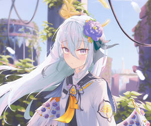 動漫女孩，銀色頭髮，紫色花朵，在花園環境中。 — 可愛動漫女孩 壁紙