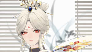 動漫女孩，銀色頭髮和紅色眼睛，在窗邊拿著一把裝飾扇。 — 源氏 壁紙