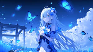 銀色頭髮的動漫女孩，在繁星點點的夜空下，手持白色花朵，被發光的藍色蝴蝶環繞。 — 可愛動漫女孩 壁紙