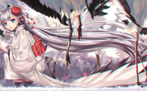 動漫女孩身穿白色和服，帶紅色點綴，被雪中鶴群環繞。 — 碧藍航線 壁紙