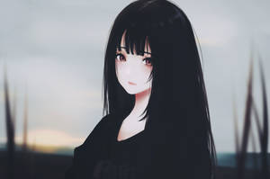 黑髮粉紅眼睛的動漫女孩，黃昏場景 — 動漫 壁紙