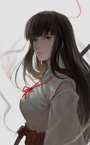 長黑髮和紅色蝴蝶結的動漫女孩，穿著柔軟灰色服裝。 — Pixel Tablet 壁紙