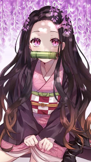 在紫色紫藤花下戴著竹製口塞和和服的動漫女孩 — 櫻島麻衣 壁紙