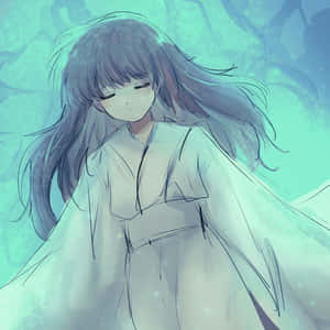 長髮動漫女孩漂浮在發光的青綠色和藍色環境中。 — 犬夜叉 壁紙