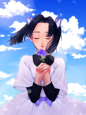 蝴蝶耳動漫女孩在藍天白雲下手持紫色花朵。 — 美麗的動畫 壁紙