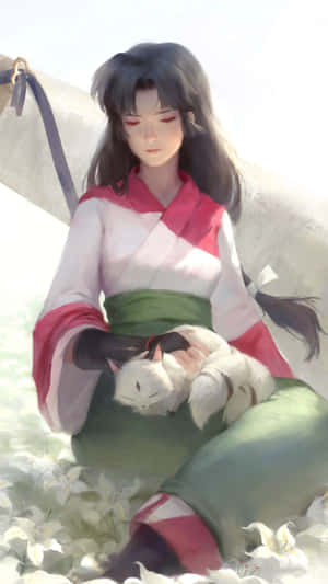 動漫女孩穿著紅綠長袍，在白百合中抱著一隻熟睡的白貓。 — 低飽和 壁紙