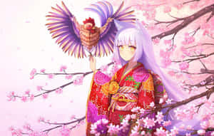 動漫女孩穿著花卉和服，在櫻花下抱著一隻紫色翅膀的公雞。 — 櫻島麻衣 壁紙