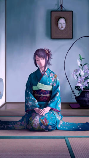 動漫女孩穿著花卉和服坐在榻榻米上，靠近白百合和一個掛著的面具。 — 日式藝術 壁紙