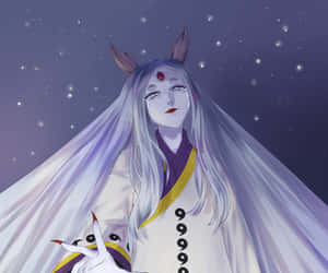 在繁星點點的夜空下，擁有銀色頭髮和狐狸耳朵的動漫女巫。 — 火影忍者 卡卡西 壁紙