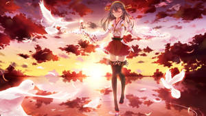 動漫少女穿著神社服裝，在夕陽下與白鴿一起站在水面上。 — 可愛動漫女孩 壁紙