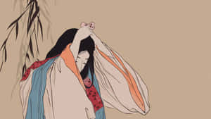 動漫女子身穿傳統長袍，在柳枝下手持櫻花。 — 日式 壁紙