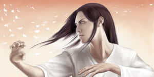 動漫男子身穿白色長袍，在蜜桃色天空中引導能量，花瓣旋轉。 — 寧次 壁紙