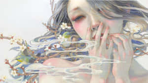 一位銀髮女性，櫻花、鳥兒和薄霧在她周圍旋轉。 — 插畫 壁紙