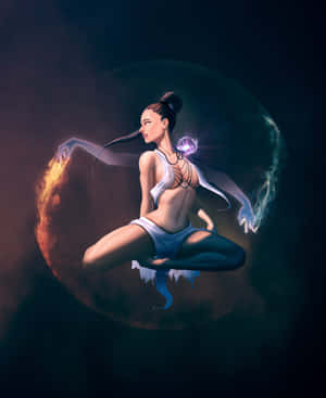 一位在太空冥想的女性，引導火與冰的能量。 — 火焰動畫 壁紙