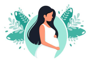 孕婦以極簡風格抱著腹部，帶有青綠色樹葉點綴。 — 懷孕 壁紙